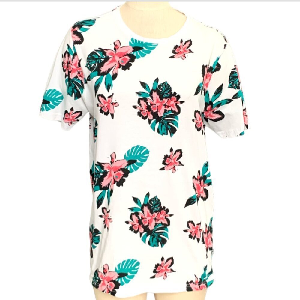 Free Planet Organic Cotton Floral T-Shirt Sz M‎ White Pink Teal #104J